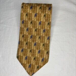 BG&C 100% Silk Hand Sewn Mens Tie Gold Blue Geometric Classic Made in USA